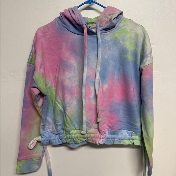 Blank NYC Cropped Tie Dye Pastel Hooded Drawstring Sweatshirt Size XS - Picture 3 of 8
